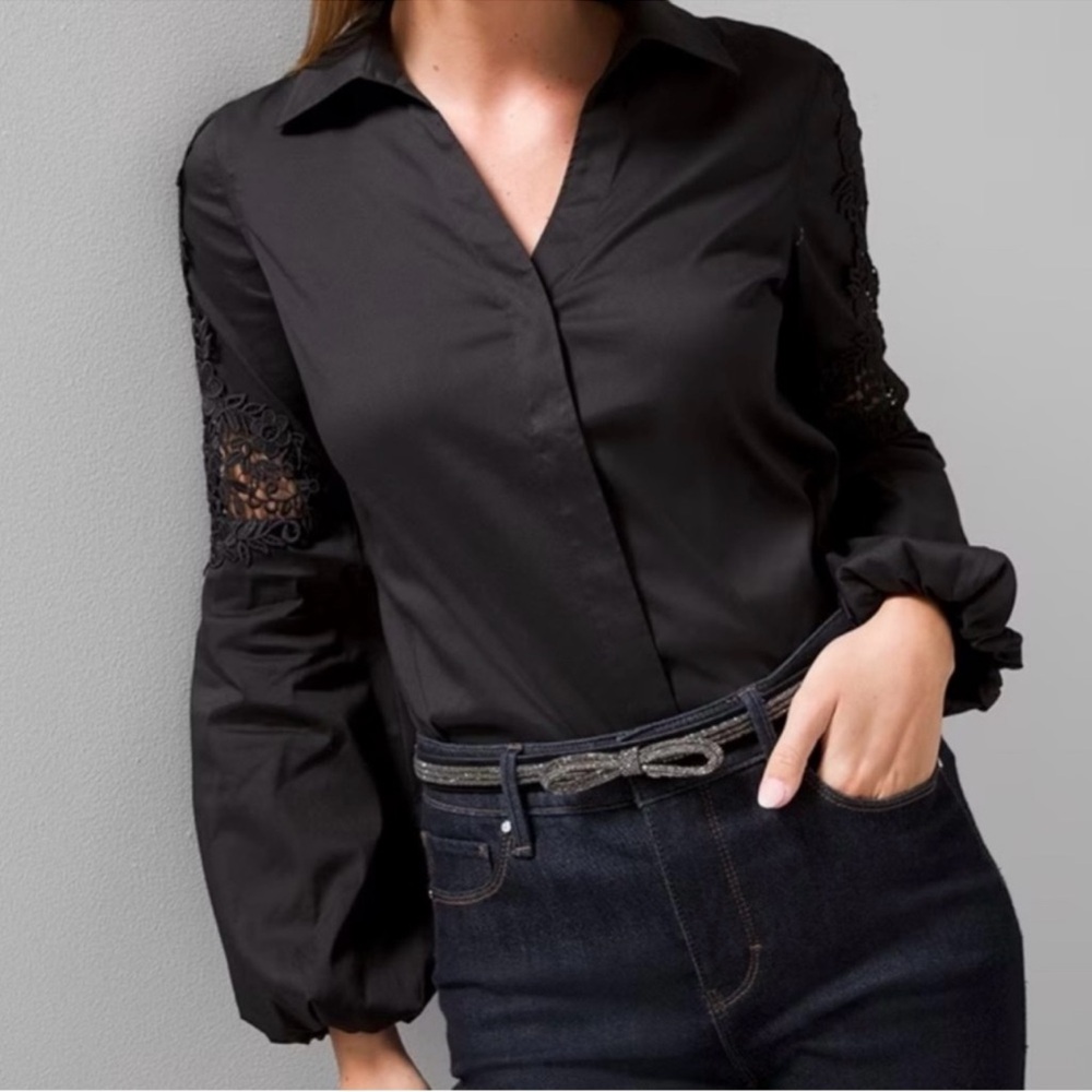 White House Black Market Black Lace Sleeve Blouse